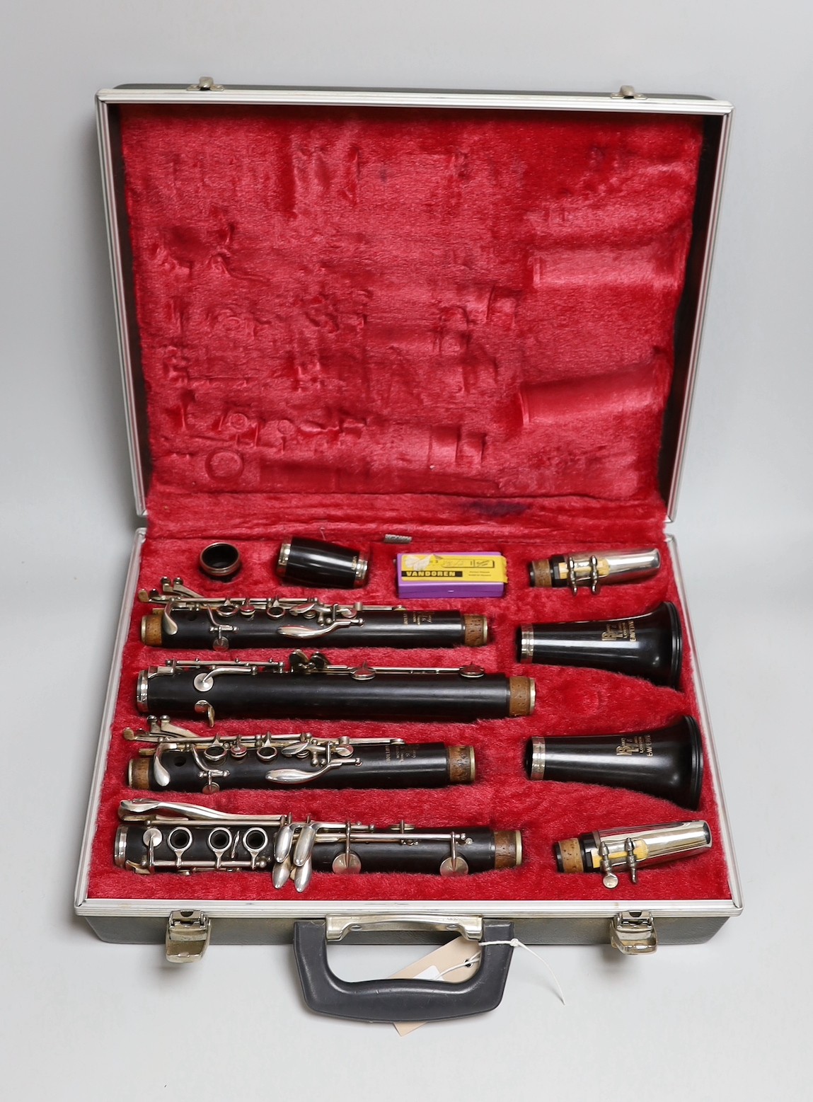 A cased set of A and B flat Boosey & Hawkes Emperor ebony clarinets